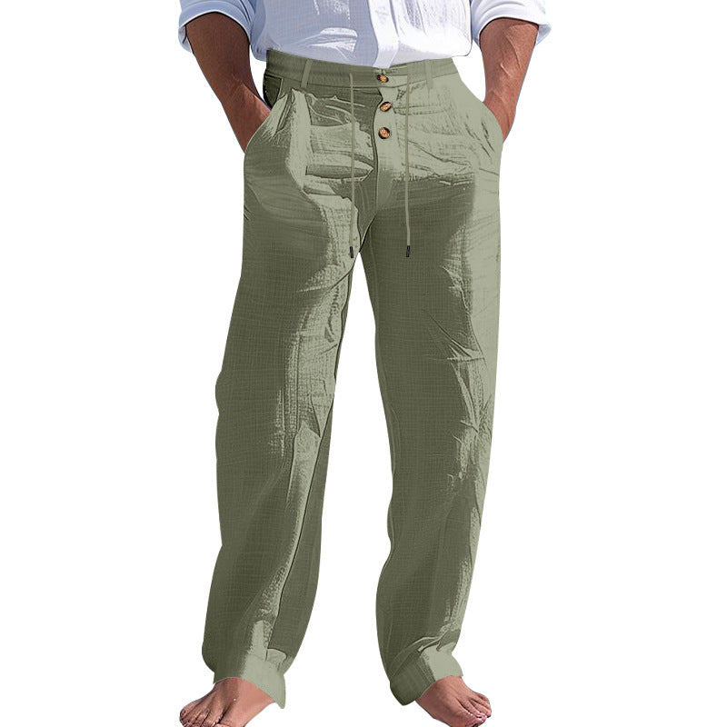 Mens Linen Drawstring Pants Straight Leg Casual Trousers