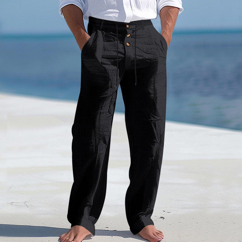 Mens Linen Drawstring Pants Straight Leg Casual Trousers