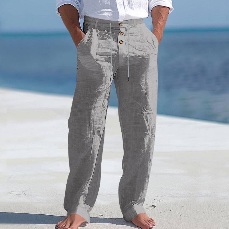 Mens Linen Drawstring Pants Straight Leg Casual Trousers