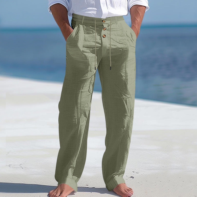 Mens Linen Drawstring Pants Straight Leg Casual Trousers