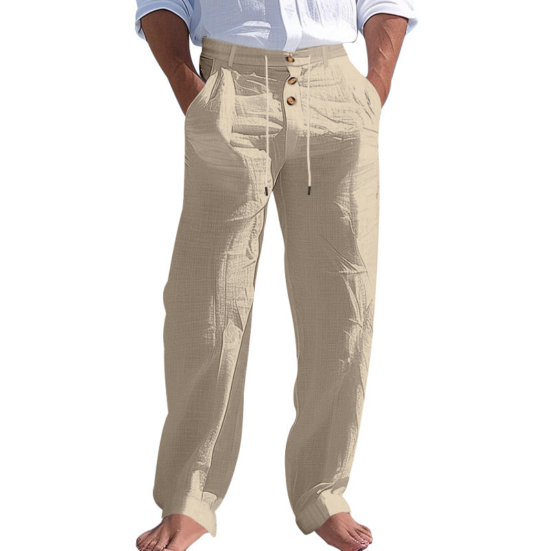 Mens Linen Drawstring Pants Straight Leg Casual Trousers