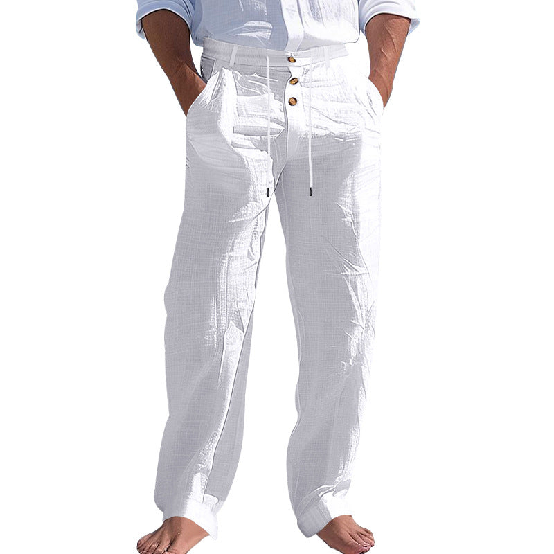 Mens Linen Drawstring Pants Straight Leg Casual Trousers
