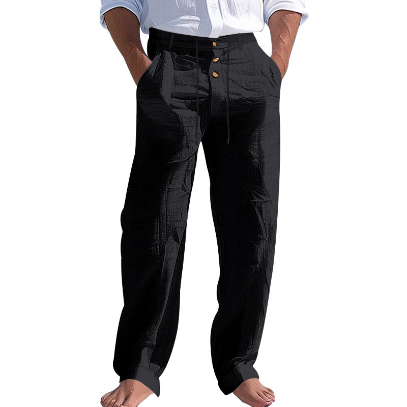 Mens Linen Drawstring Pants Straight Leg Casual Trousers