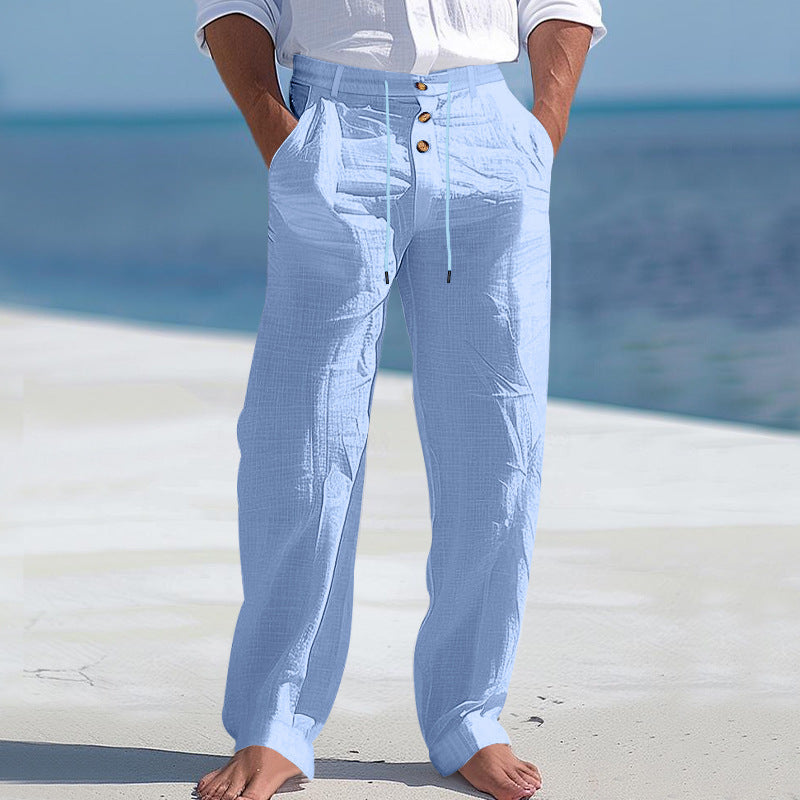 Mens Linen Drawstring Pants Straight Leg Casual Trousers