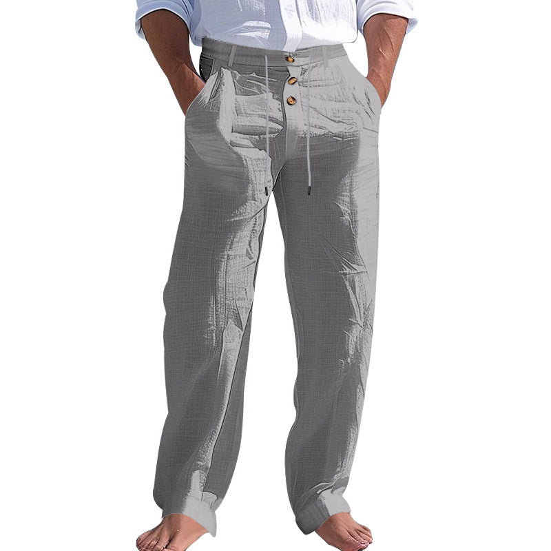 Mens Linen Drawstring Pants Straight Leg Casual Trousers